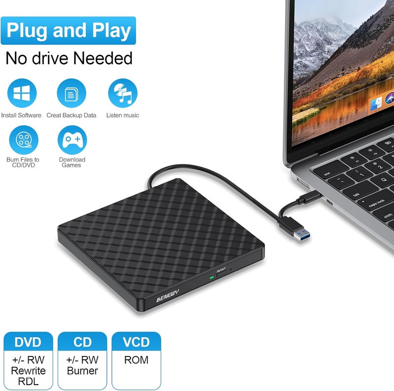 BENEWY External CD DVD Drive for Laptop, USB 3.0 USB C CD Burner DVD/CD ROM Drive Reader External DVD Drive DVD Player for Laptop Desktop PC Windows 11/10/8.1/7 MacBook Mac Linux OS Apple Black - Image 3